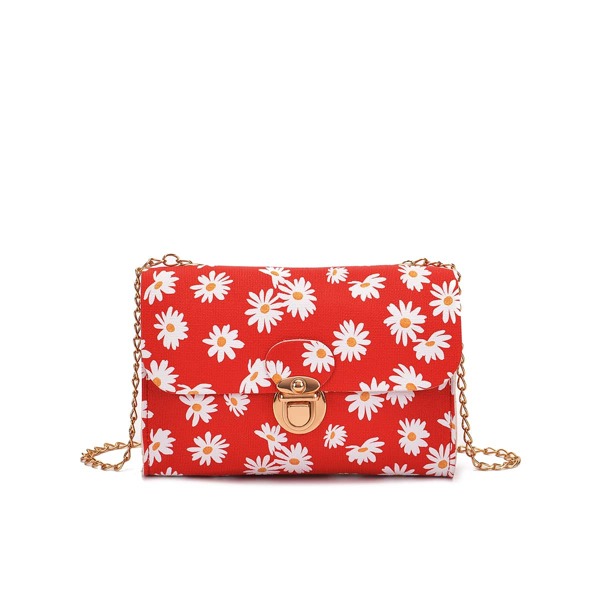 

Push Lock Floral Graphic Chain Crossbody Bag, Red