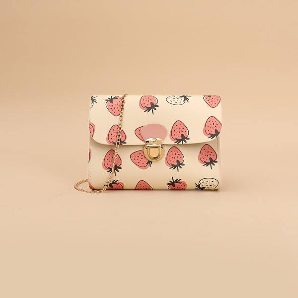

Push Lock Strawberry Graphic Chain Crossbody Bag, Beige