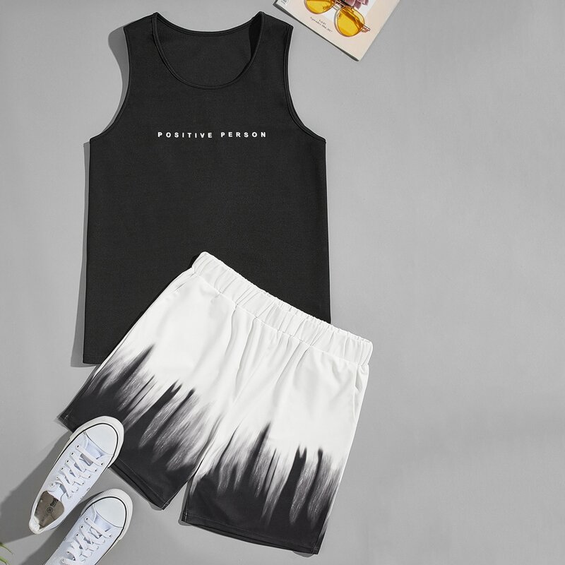 

Guys Letter Graphic Tank Top With Shorts, Black and white