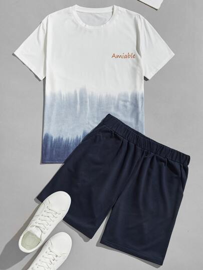 Homme à blocs de couleurs & lettre T-shirt avec Short