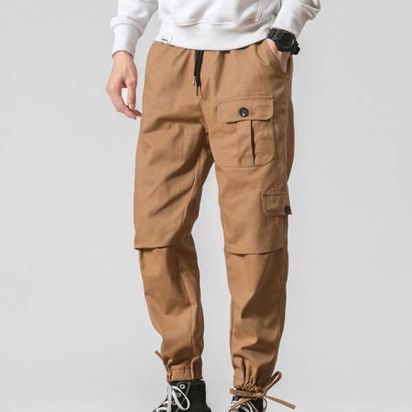 

Men Flap Pocket Drawstring Cargo Pants, Khaki