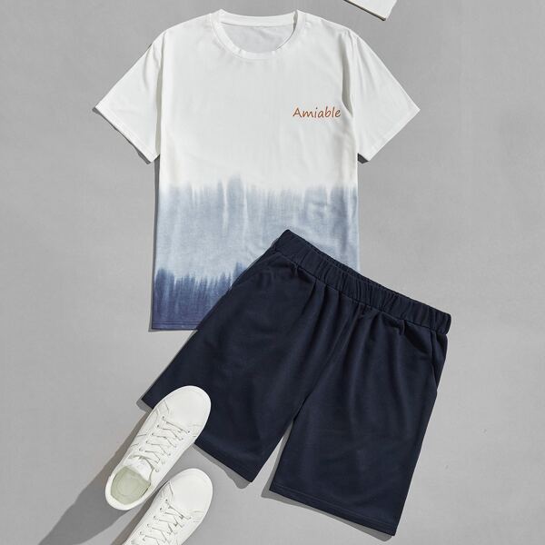 

Men Colorblock & Letter Graphic Tee With Shorts, Multicolor
