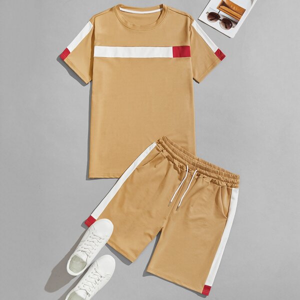 

Men Contrast Panel Tee & Drawstring Slant Pocket Shorts, Khaki