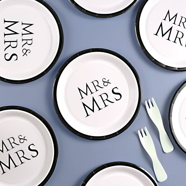 

8pcs Wedding Party Disposable Plate, Black and white