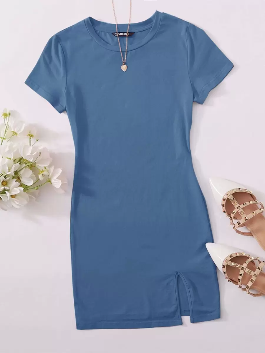 SHEIN EZwear 開衩下擺素色洋裝