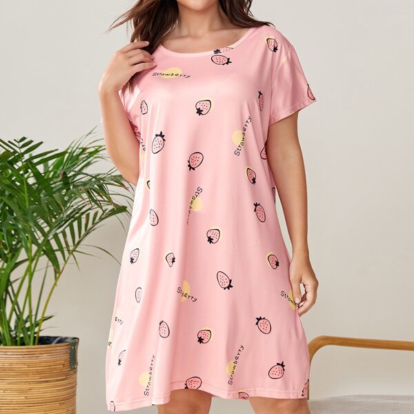 

Plus Fruit & Letter Graphic Night Dress, Baby pink