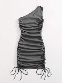 SHEIN BAE One Shoulder Ruched Knot Side Bodycon Dress - Dark Grey - View 2