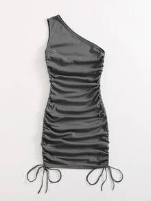 SHEIN BAE One Shoulder Ruched Knot Side Bodycon Dress - Dark Grey - View 3