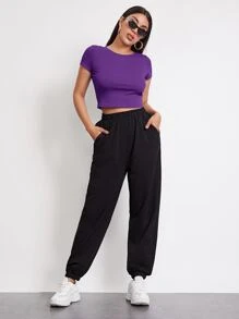 SHEIN EZwear Rib-knit Crop Top - Purple - View 4