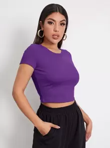 SHEIN EZwear Rib-knit Crop Top - Purple - View 5