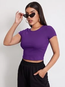 SHEIN EZwear Rib-knit Crop Top - Purple - View 6