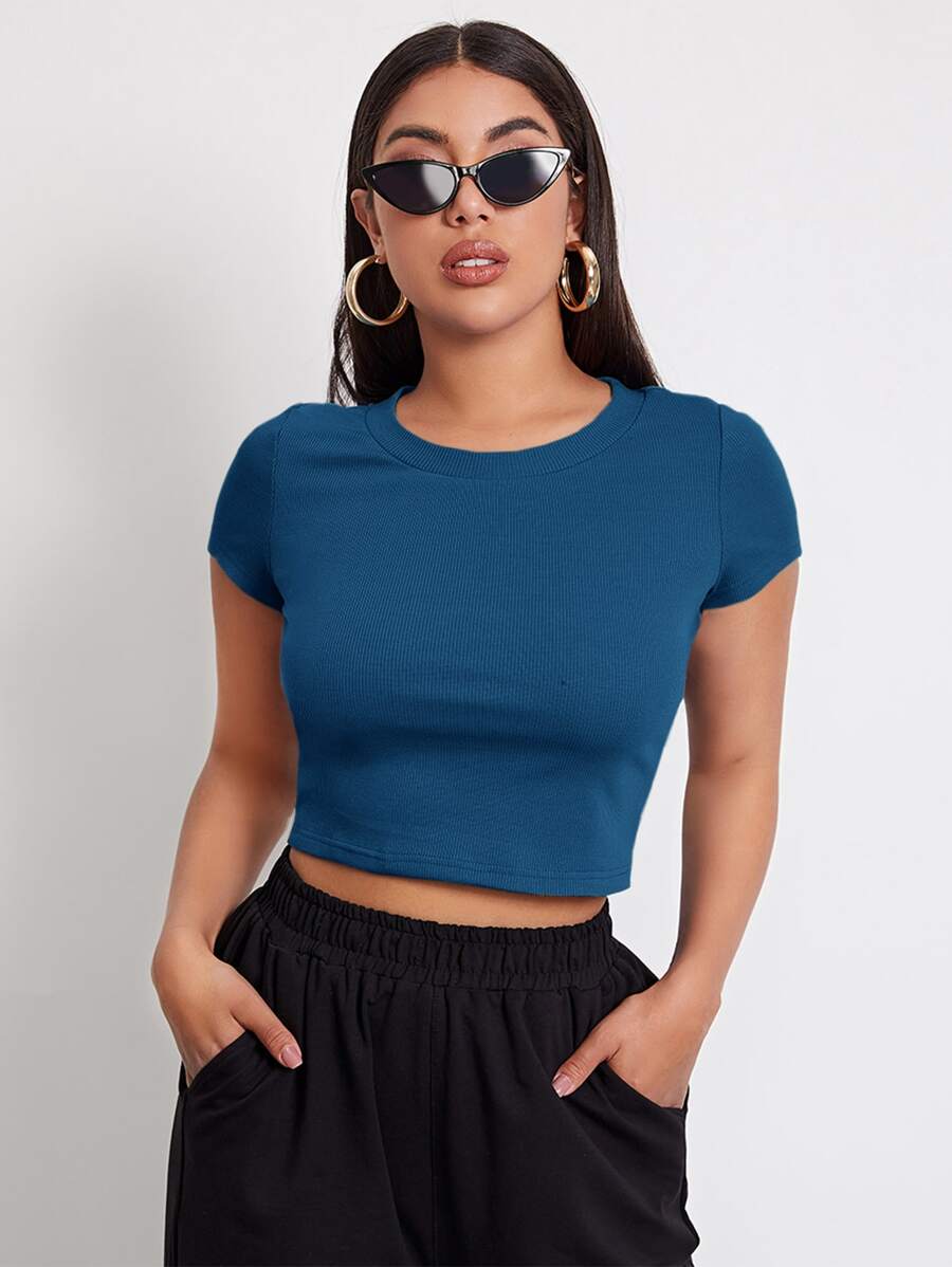 Muchica Rib-knit Crop Top - Teal Blue - View 1