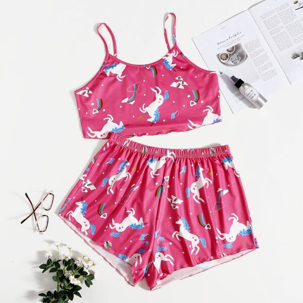 

Plus Cartoon Graphic Cami Pajama Set, Hot pink