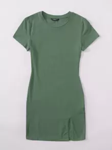 SHEIN EZwear Solid Split Hem T-Shirt Dress - Green - View 3