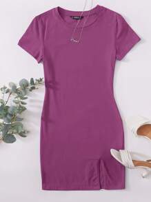 SHEIN EZwear 開衩下擺素色連衣裙 - 紫色 - 查看 1