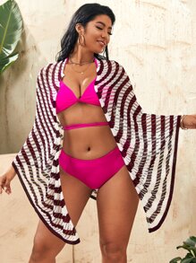 Plus Striped Open Front Knit Kimono - Red and White - View 1