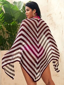 Plus Striped Open Front Knit Kimono - Red and White - View 2