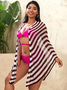 Plus Striped Open Front Knit Kimono - Red and White - View 3