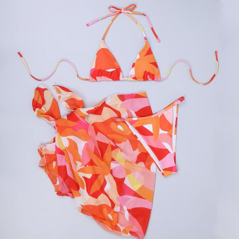 

3pack Colorblock Triangle Bikini Swimsuit & Cover Up, Orange