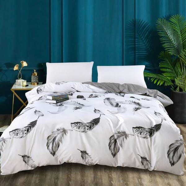 

Feather Print Duvet Cover Without Filler, Black and white