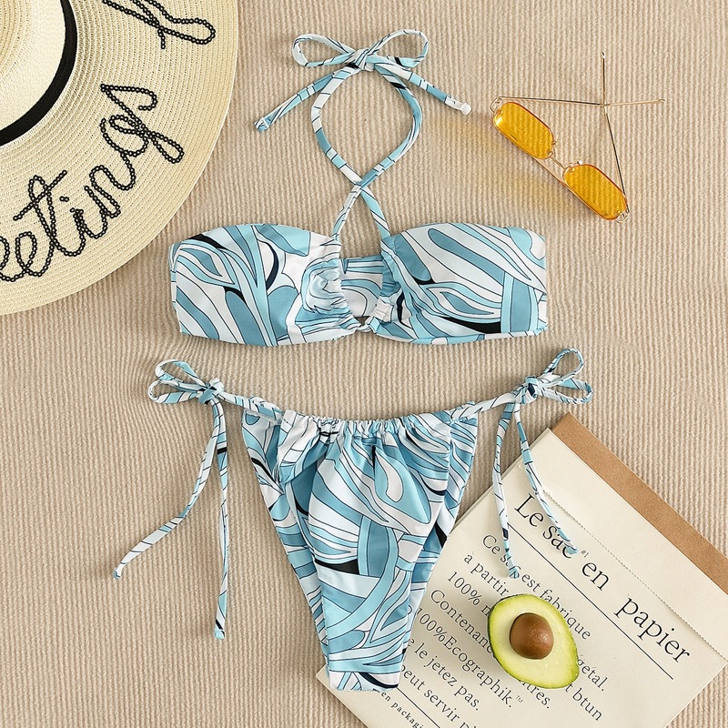 

Allover Graphic Halter Thong Bikini Swimsuit, Multicolor