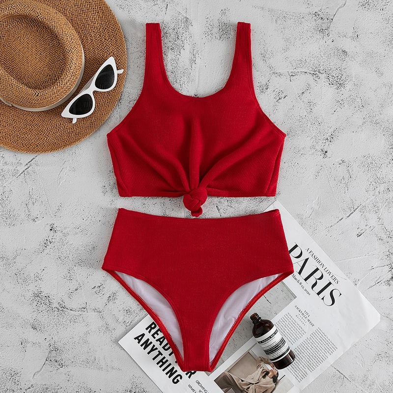 

Knot Hem High Waisted Bikini Swimsuit, Red