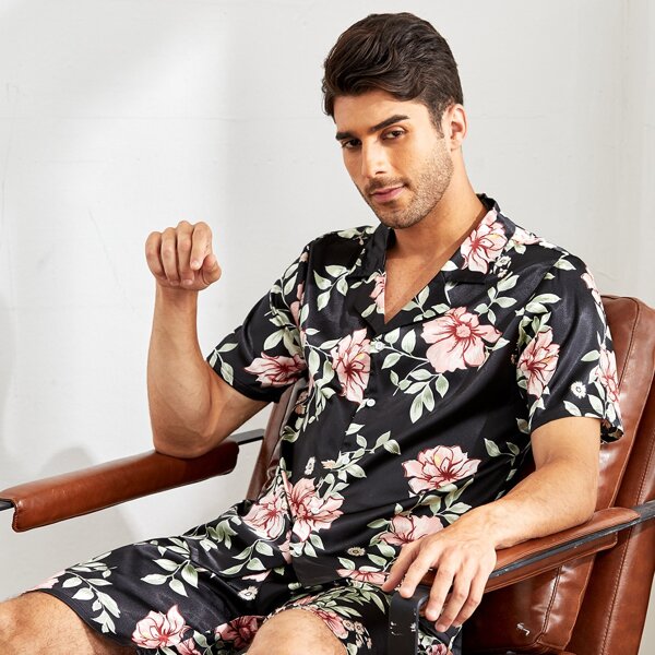 

Men Satin Floral Print PJ Set, Multicolor