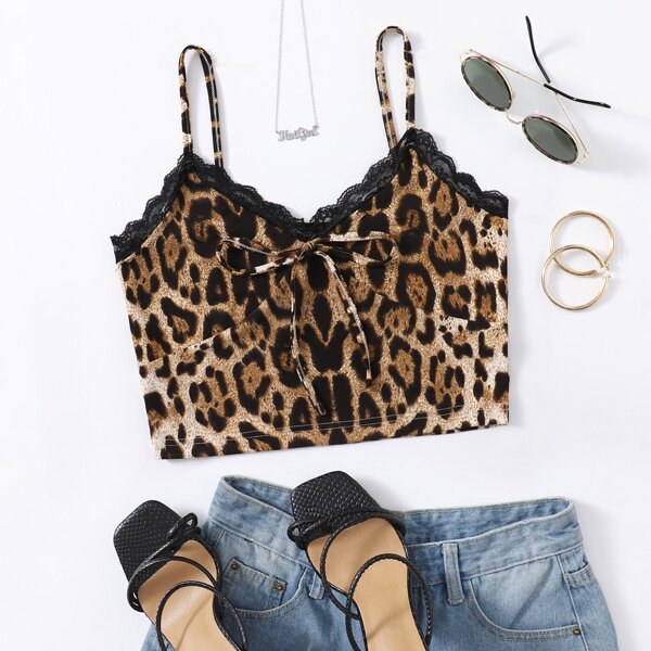 

Leopard Contrast Lace Cami Top, Multicolor