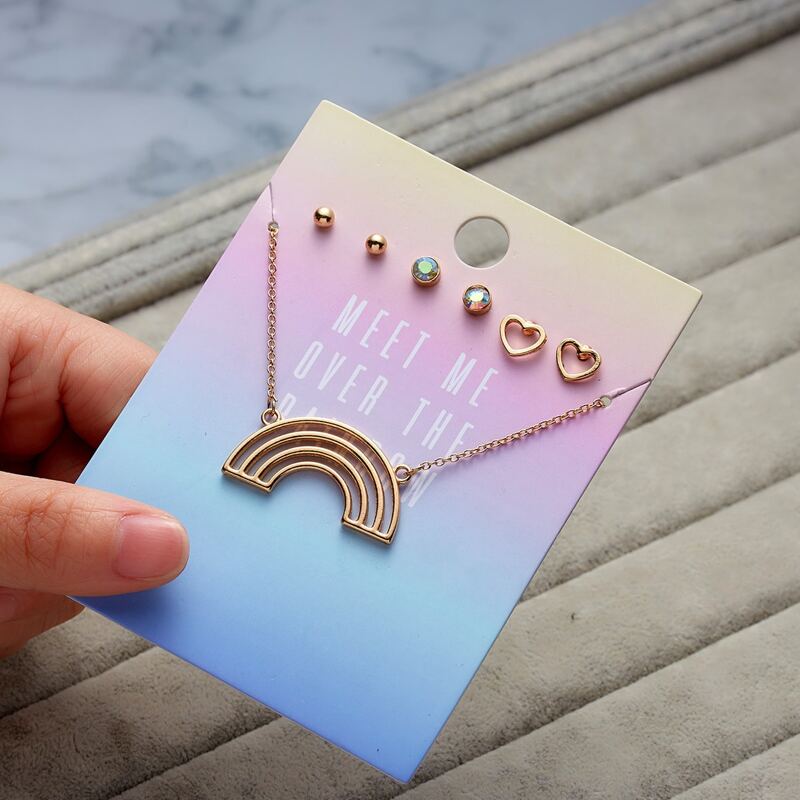 

1pc Rainbow Pendant Necklace & 3pairs Stud Earrings, Gold