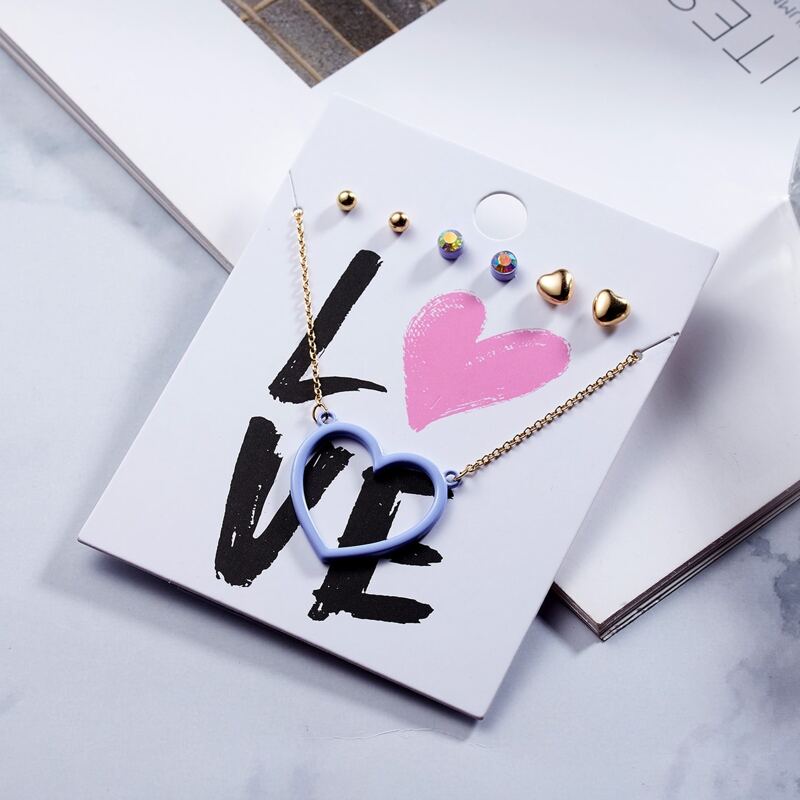 

1pc Heart Pendant Necklace & 3pairs Stud Earrings, Multicolor