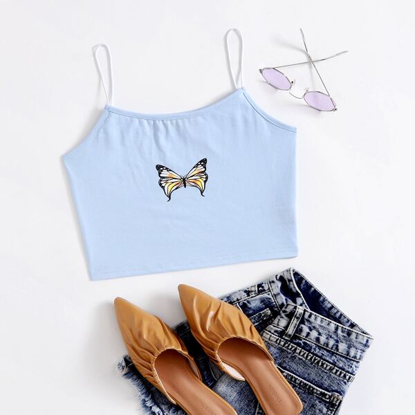 

Butterfly Print Crop Cami Top, Baby blue