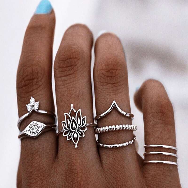 

9pcs Flower Design Ring, Silver