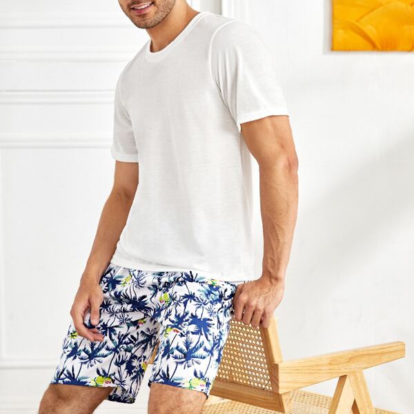 

Men Tropical Print PJ Set, White