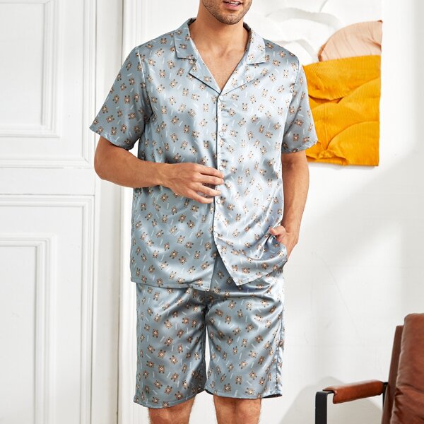 

Men Allover Cartoon Graphic Satin PJ Set, Multicolor