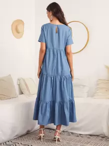 SHEIN LUNE 荷葉邊下擺素色連衣裙 - 藍色 - 查看 2