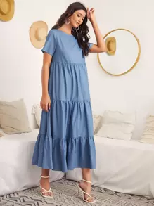 SHEIN LUNE 荷葉邊下擺素色連衣裙 - 藍色 - 查看 3