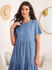 SHEIN LUNE 荷葉邊下擺素色連衣裙 - 藍色 - 查看 4