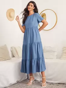 SHEIN LUNE 荷葉邊下擺素色連衣裙 - 藍色 - 查看 5