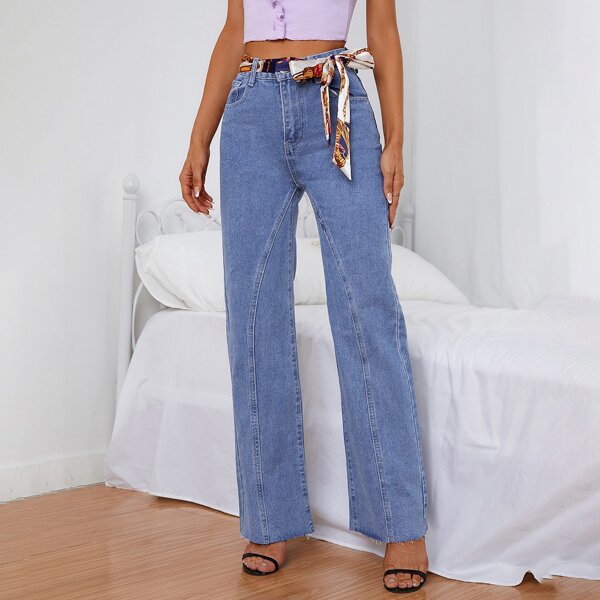 

High Waist Belted Wide Leg Jeans, Medium wash