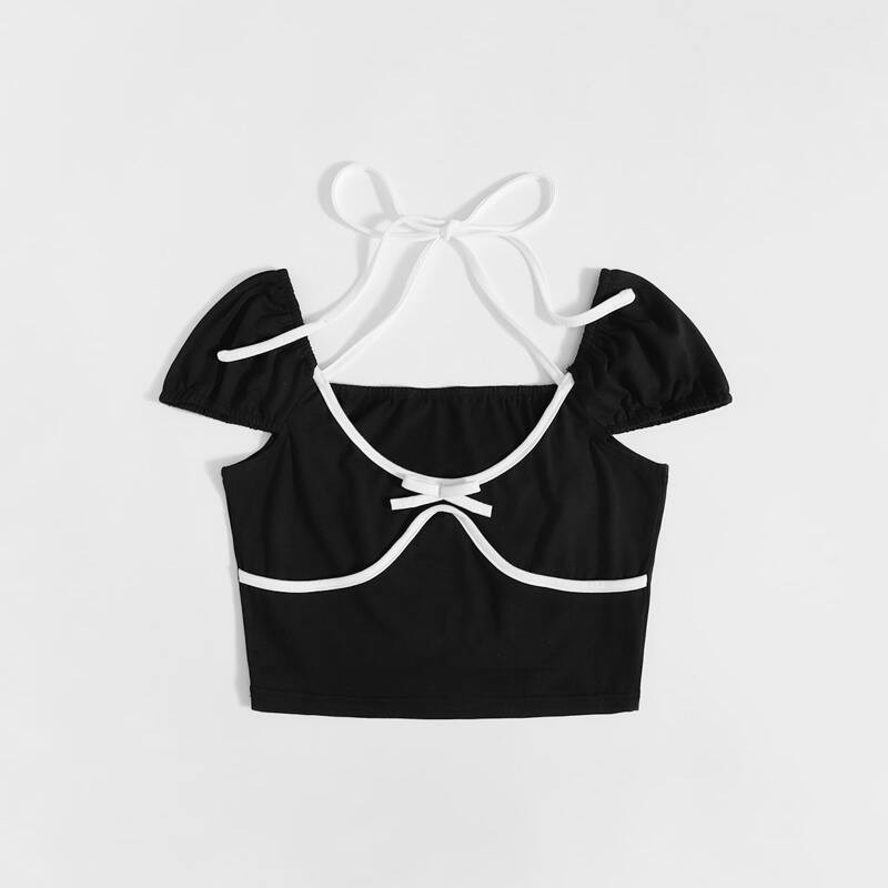 

Contrast Binding Bow Tee, Black