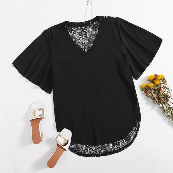 

Plus Contrast Lace High Low Top, Black