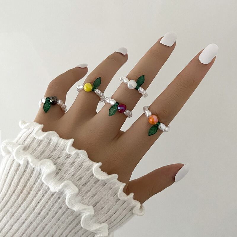 

5pcs Faux Pearl Beaded Ring, White