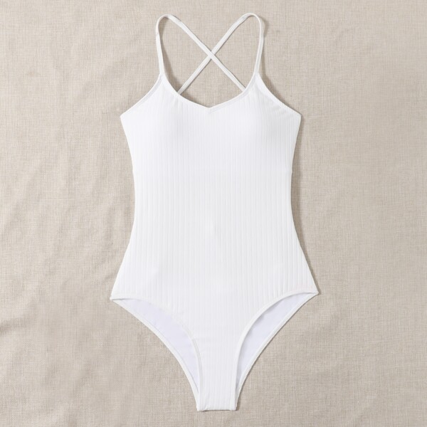 

Solid Rib One Piece Swimsuit, White