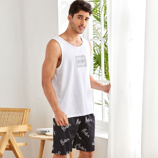 

Men Slogan Graphic Tank Pajama Set, Black and white