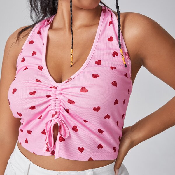 

Plus Heart Print Drawstring Front Halter Top, Pink