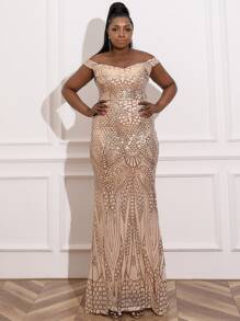 seomiscky Plus Bardot Sequins Prom Dress - Gold - View 5