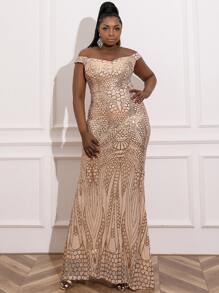 seomiscky Plus Bardot Sequins Prom Dress - Gold - View 6