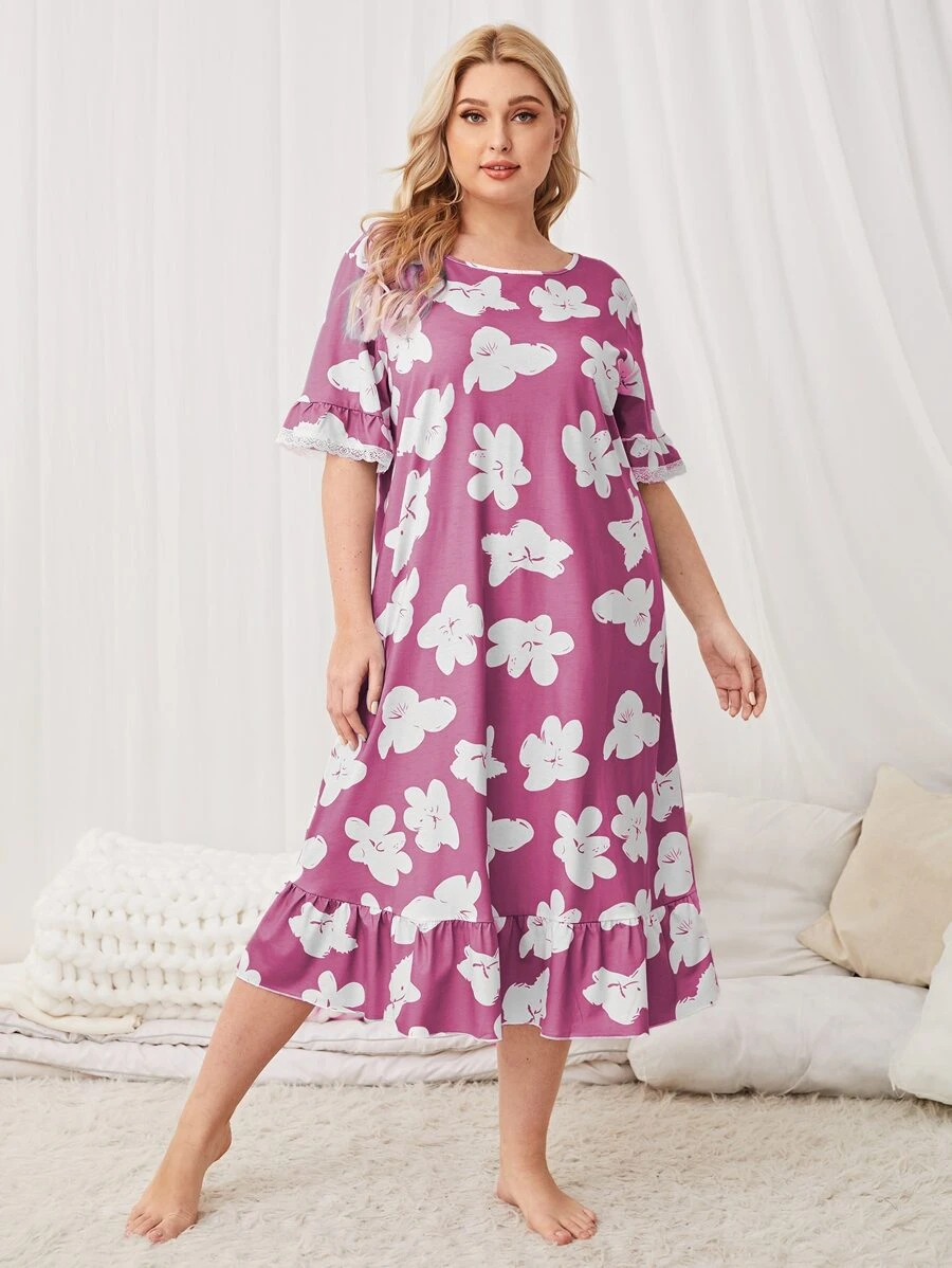 大碼花卉圖案荷葉邊下擺睡衣 - 中紫紅色 - 查看 1