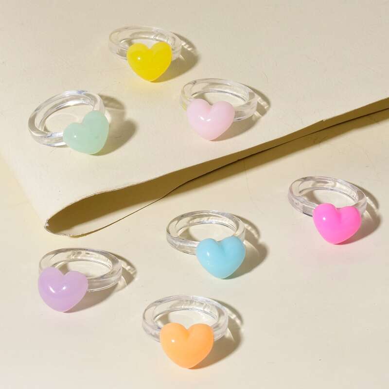

7pcs Heart Clear Ring, Multicolor