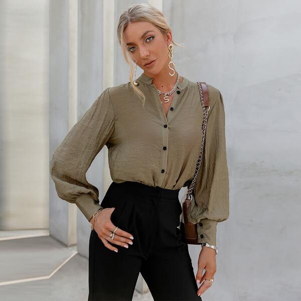

Lantern Sleeve Button Front Blouse, Camel